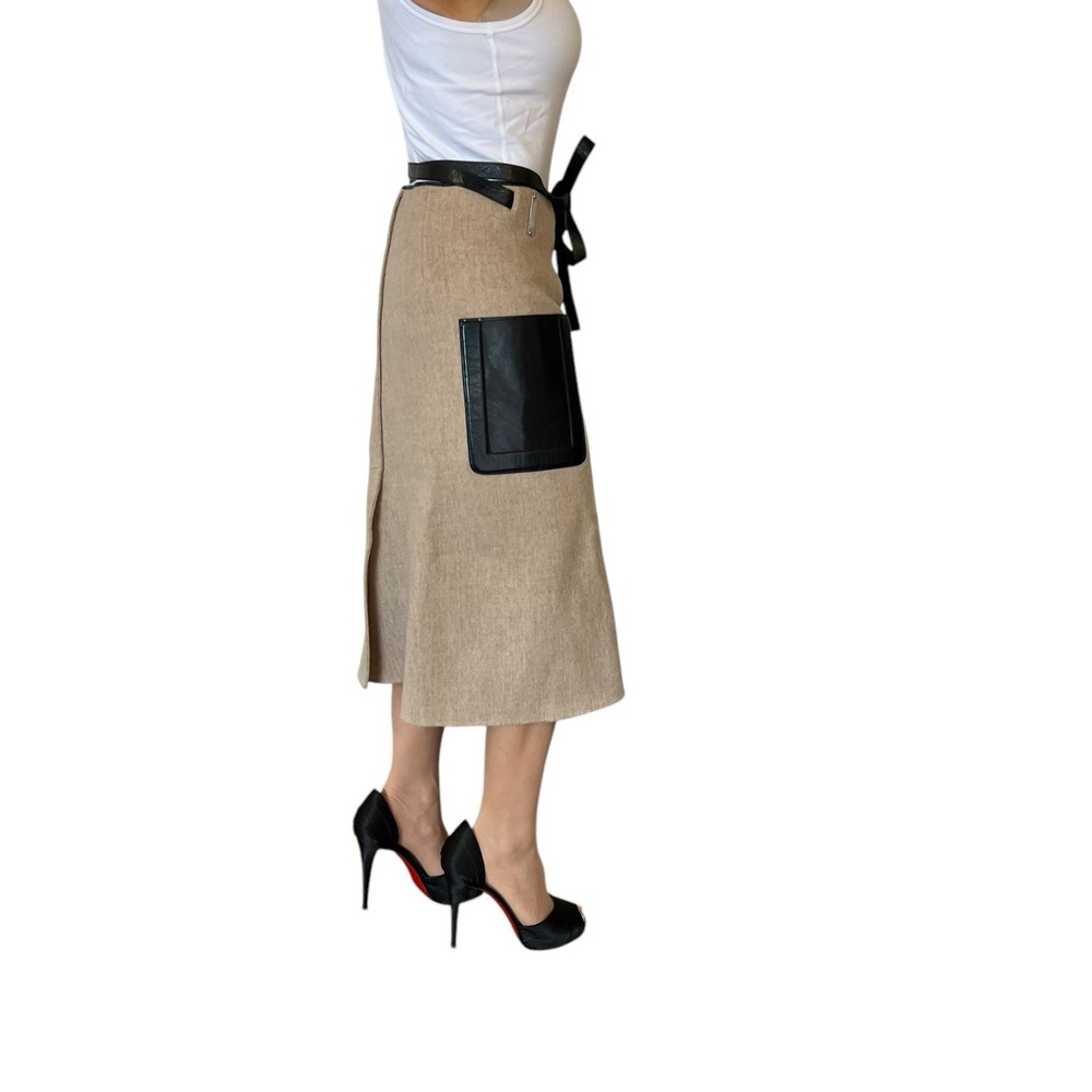 PETER DO Double-face Wool Belted Wrap Midi Skirt Leather Trim Light Camel 38 6 - Picture 12 of 16